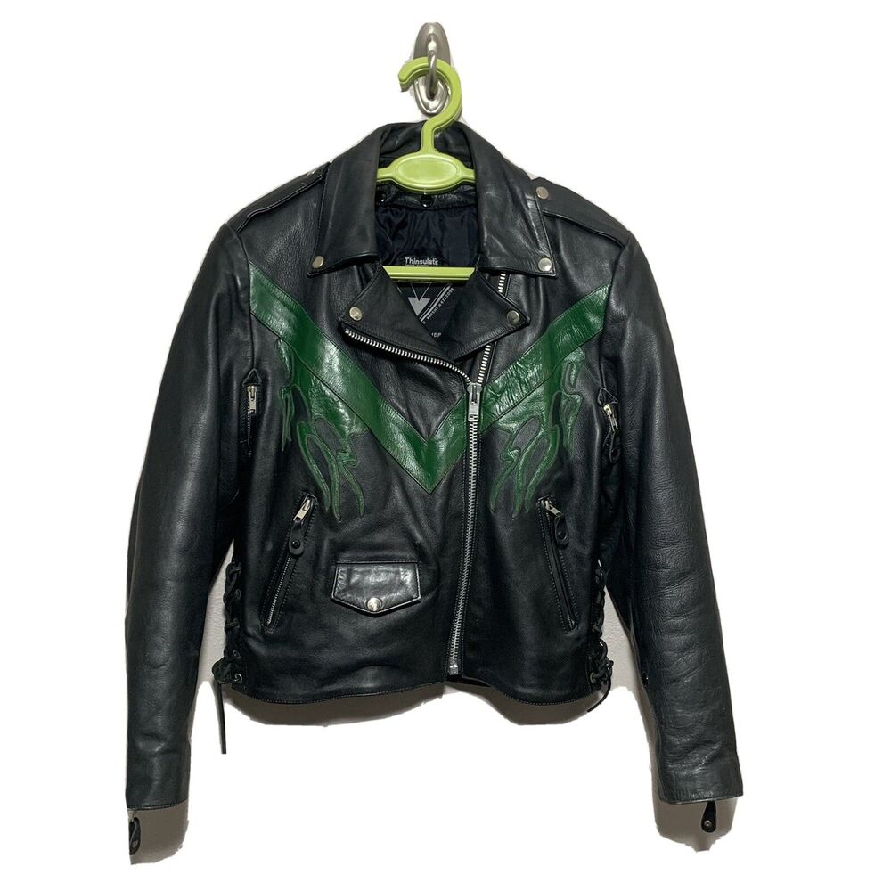 Vent Tech Black Vented Leather Motorcycle Jacket Green Flames Sz M Runs Small